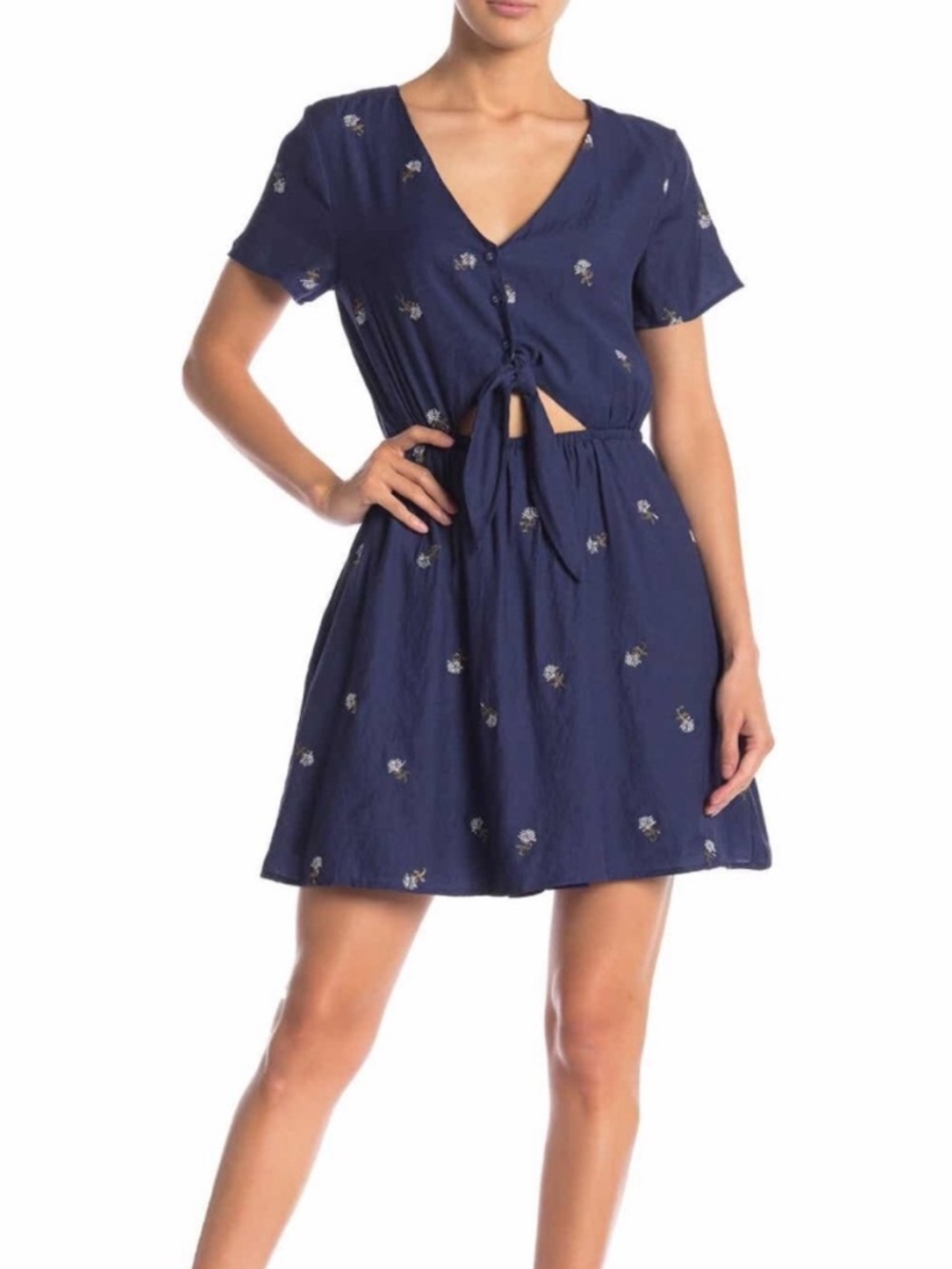 J.O.A Blue Embroidered Floral Tie Front Mini Dress Open Waist Cutout Stretch